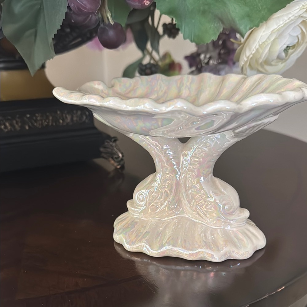 Iridescent White Koi Fish Ceramic Pedestal Bowl